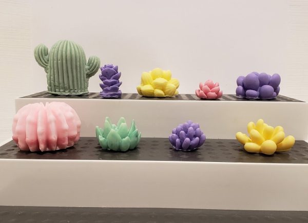 nine colorful soaps in the shape of cacti and succulents