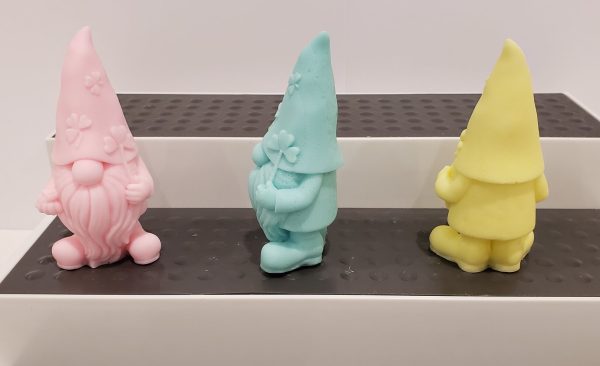 front, profile and back of boy gnome made from goat milk soap