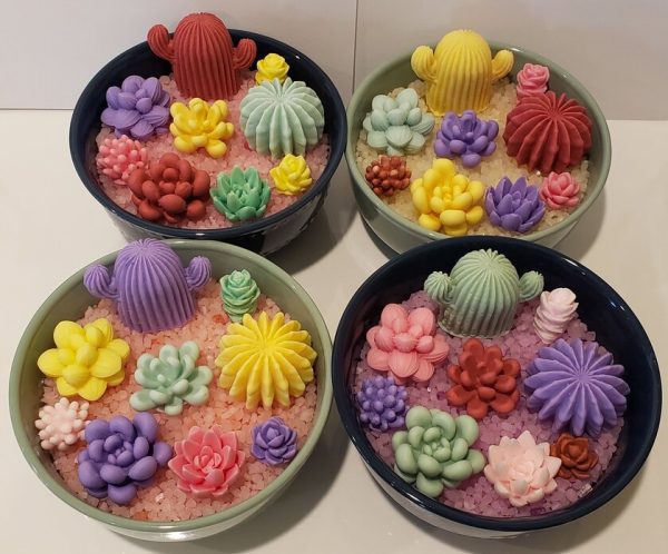 four bowls of colorful soaps in the shape of cacti and succulents with bath salts