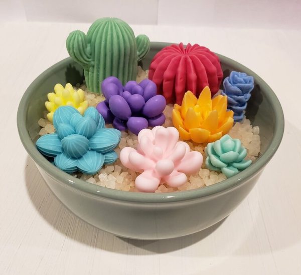 view of 9 soaps shaped like cacti and succulents in a bowl