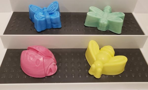 soaps shaped like a bee, ladybug, dragonfly and butterfly